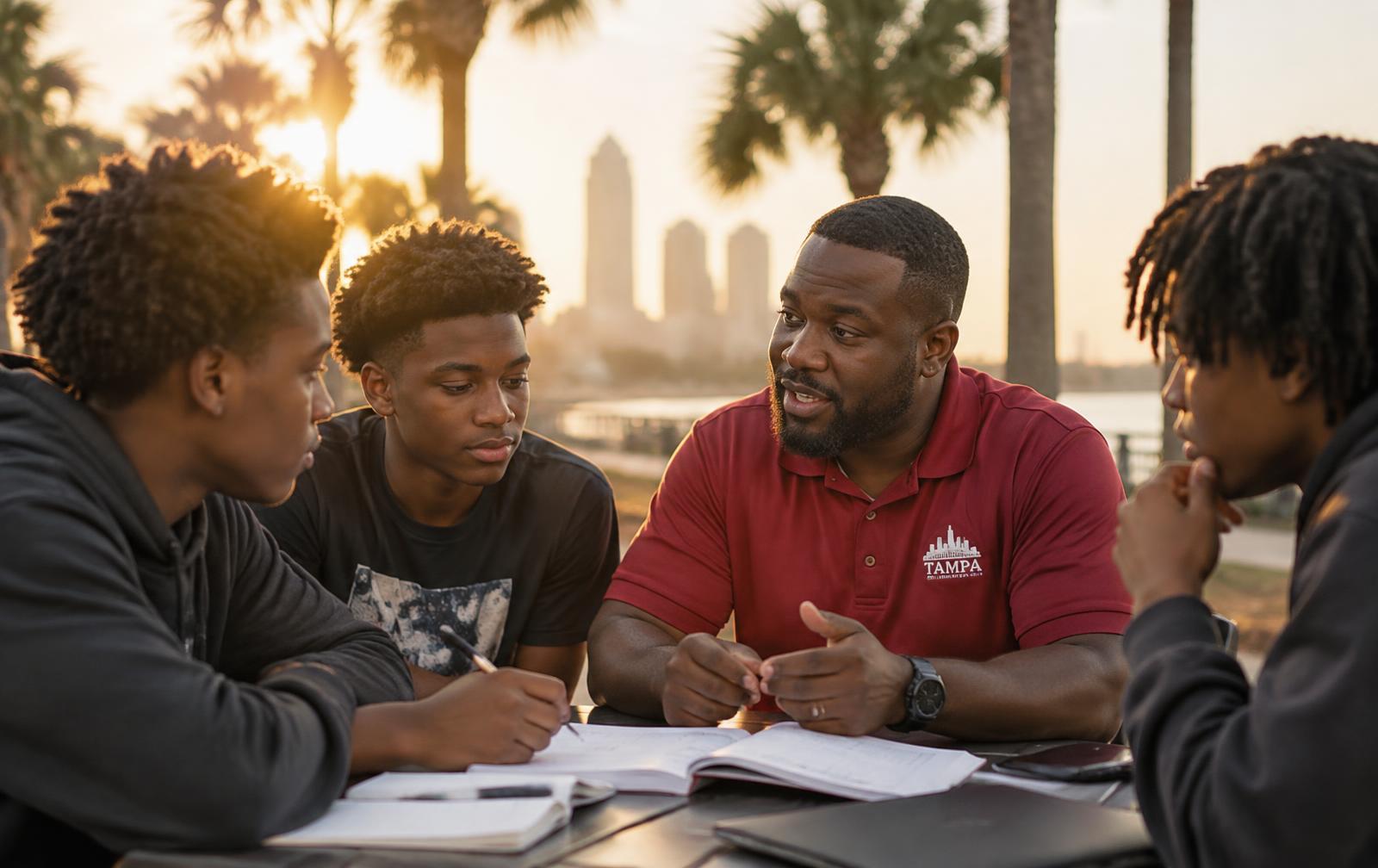 A chapter mentor working with Kappa League students outdoors in Tampa